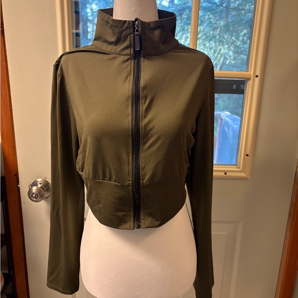 SHEIN Olive Colored Utility Jacket with High Collar and Fitted Silhouette